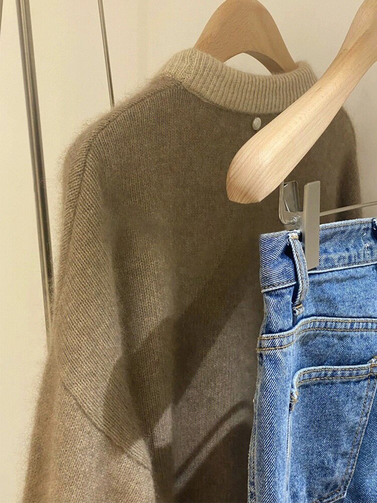 复古慵懒风毛衣女秋冬季宽松休闲撞色拼接针织衫上衣,女装羊毛衫,思途羊绒