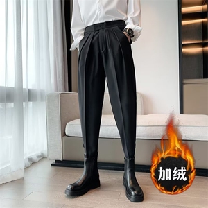束脚裤子男秋冬加绒九分休闲西裤痞帅修身小脚哈伦百搭西装裤图片