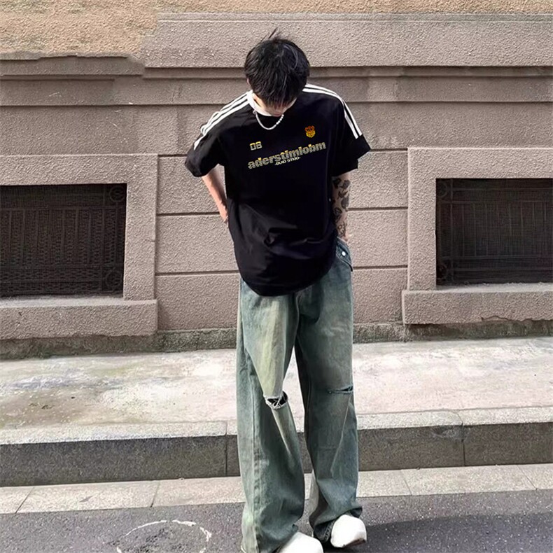 夏季美式高街重磅纯棉三条杠织带撞色男女短袖T恤ZD637-特P30,男装T恤,电商A486-1
