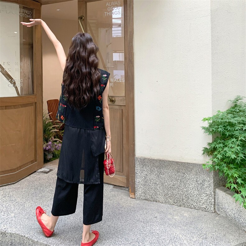 黑色法式复古温柔风印花无袖上衣套装女2025夏季新款阔腿裤两件套,女装套装/套裙,2C115