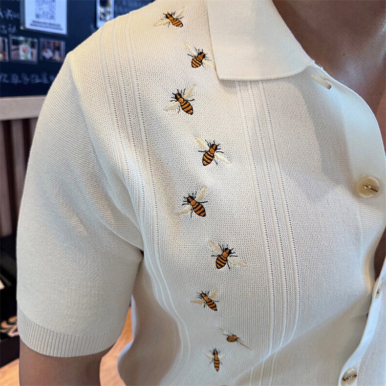 盗图小蜜蜂刺绣针织冰丝短袖开衫体恤翻领POLO衫PL134/P58,男装Polo衫,电商A243