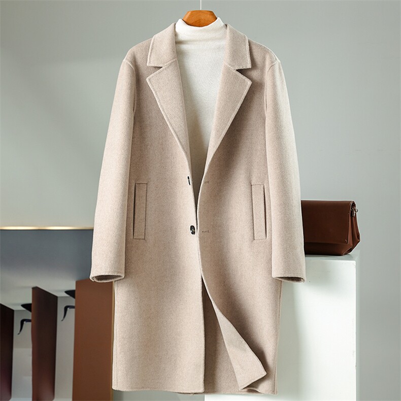 秋冬季羊绒休闲简约时尚百搭经典V领斜插兜商务中长款大衣男装，男装羊绒大衣，水之秀羊绒大衣