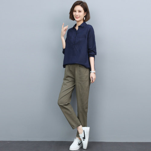 棉麻套装女2023春秋新款大码休闲中年妈妈洋气减龄纯棉衬衫两件套,女装套装/套裙,涵誉