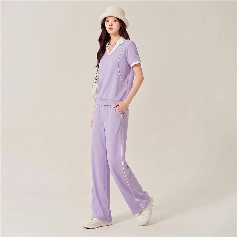盐系高级感休闲运动时尚套装女夏季减龄翻领短袖上衣阔腿裤两件套,女装套装/套裙,江南