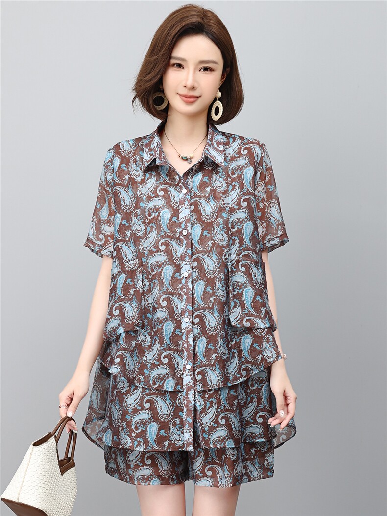 套装女2026年夏季新款时尚宽松中年妈妈大码短裤两件套,女装套装/套裙,江忆布依