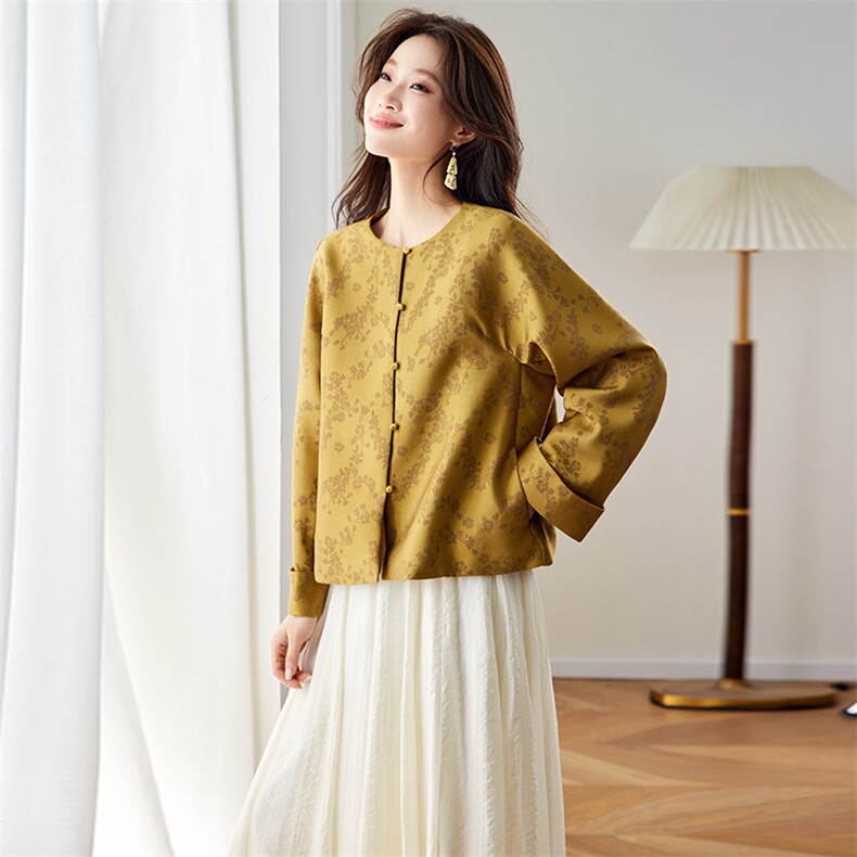 在仓~2026年春季圆领插肩袖单排扣真口袋提花带里布拼色外套,女装短外套,新依时派