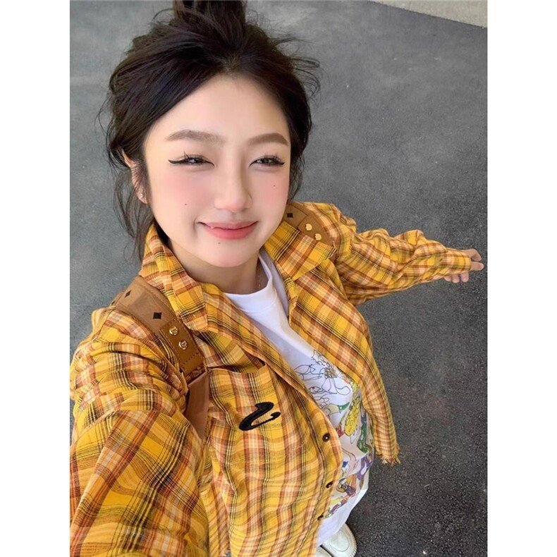韩系黄色格子流苏衬衫外套女春秋2025新款设计感小众长袖衬衣上衣图片