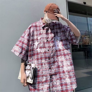 潮牌美式高街字母复古格子衬衫春夏款设计感小众蓝色上衣外套图片