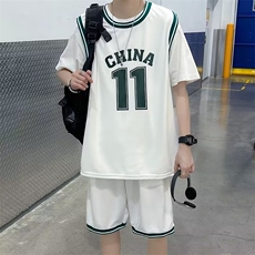 篮球服短袖套装男夏季港风假两件t恤宽松短裤情侣运动休闲两件套，男装T恤，星座1013
