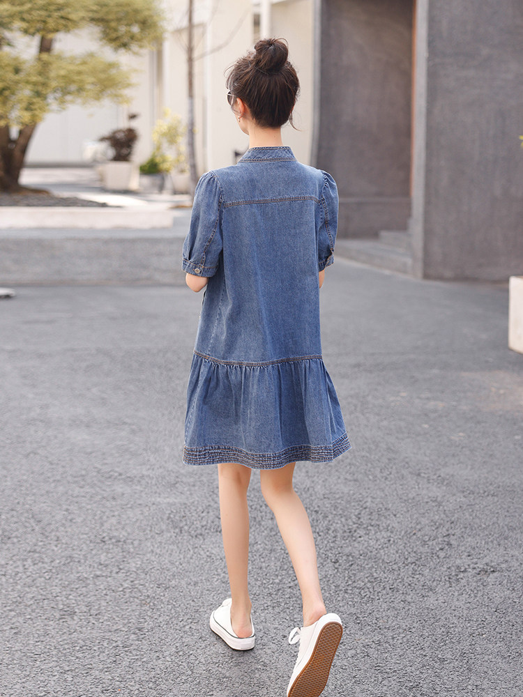 时尚牛仔连衣裙女夏季新款显瘦气质短袖A字裙,女装连衣裙,秋水欣儿