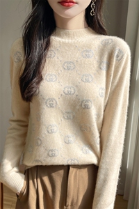 25秋冬一线成衣半高领镶钻100%纯羊毛衫毛衣女宽松羊绒衫针织打底图片