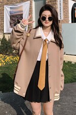主推现货时尚翻领拼色棒球服休闲短外套，女装短外套，菡迪欧娜