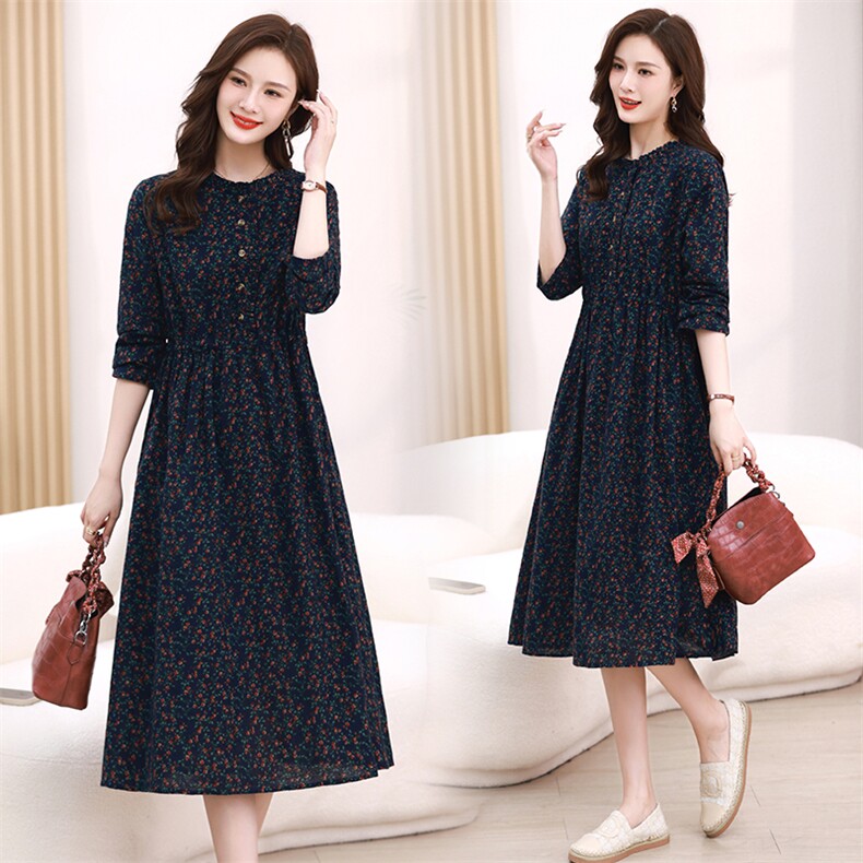 2024年秋季新款潮韩版中长款磨毛修身抽绳收腰木耳领碎花连衣裙女，女装连衣裙，简韵佳