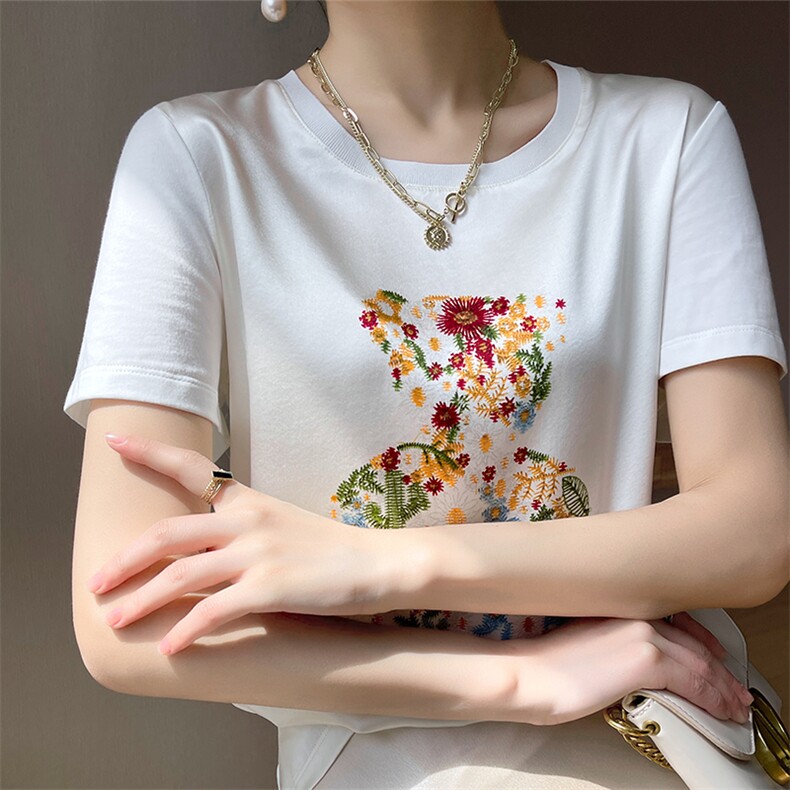 重磅真丝t恤女短袖印花桑蚕丝白色圆领小衫2024夏装半袖短款上衣图片