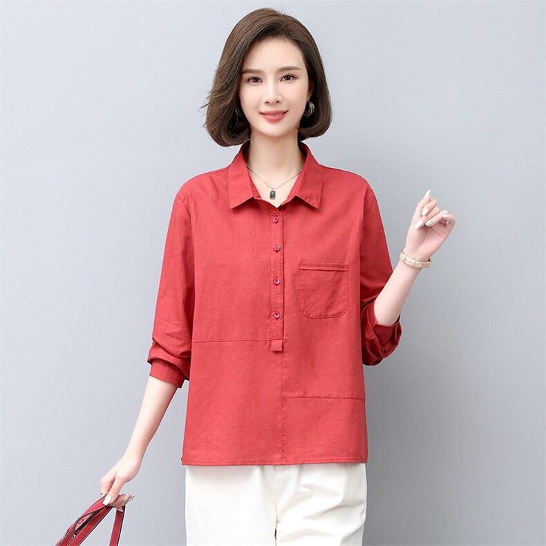 衬衫女长袖2023年新款大码宽松秋薄款纯色休闲棉麻衬衣图片