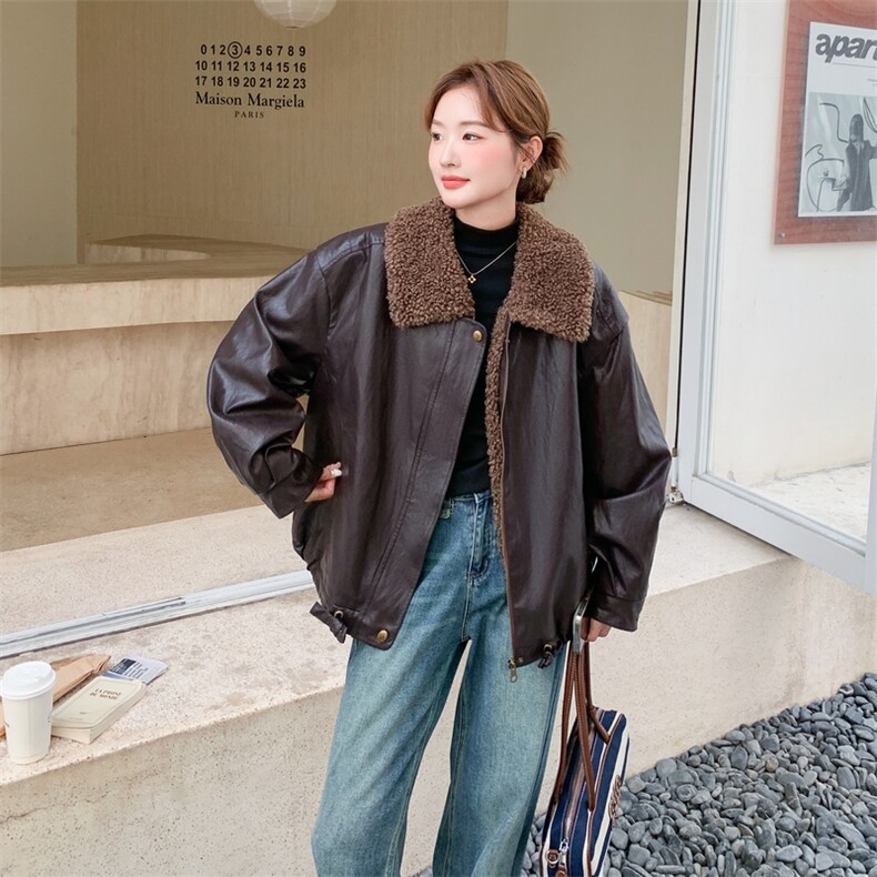 黑色短款PU皮衣外套女秋季美式痞帅机车夹克oversize翻领棒球服,女装皮衣,2C217