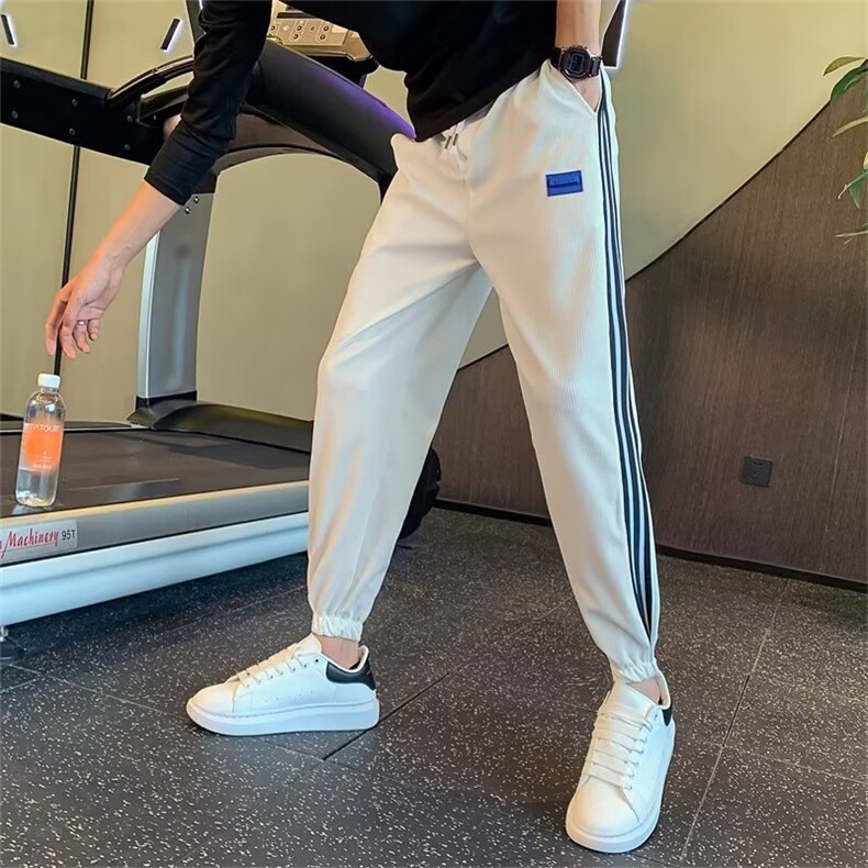 三条杠白色九分裤子男高级感痞帅网红夏天夏季束脚休闲裤K126，男装休闲裤，星座1116A-2（原606A-1）