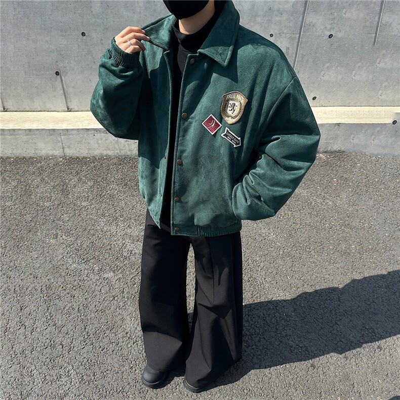 麂皮绒棉衣男女同款复古绣花保暖上衣GS65017图片