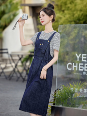 盐甜系穿搭条纹t恤牛仔背带裙套装女夏新款休闲显瘦两件套连衣裙，女装套装/套裙，微微衣阁