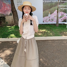 夏季港风小众设计V领提花上衣半身裙两件套女夏新款宽松休闲套装，女装套装/套裙，一九零