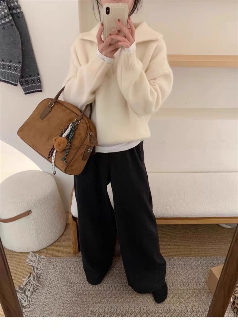 2025秋冬新款百搭时尚简约半开领翻领针织衫，女装针织衫/毛衣，秀阁羊绒