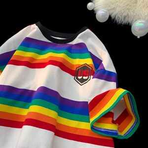 T702-P35 情侣装 彩虹条纹短袖男t恤女T恤体恤，男装T恤，星座617A-2