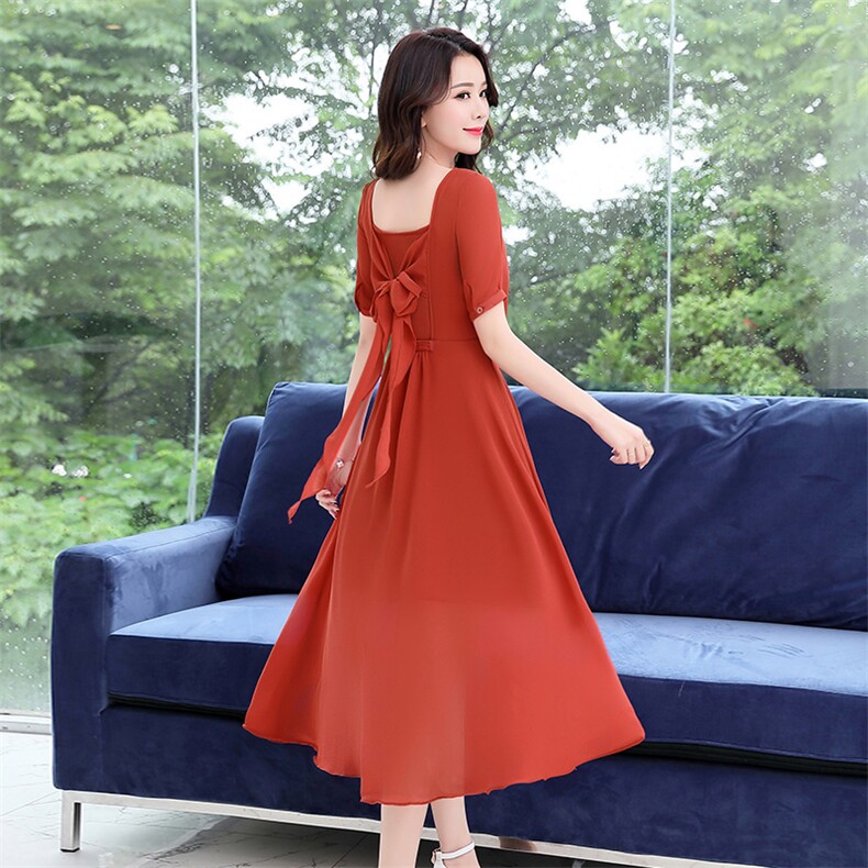 套头中腰雪纺连衣裙2021年夏季短袖中长款纯色淑女圆领,女装连衣裙,阿菲诺依