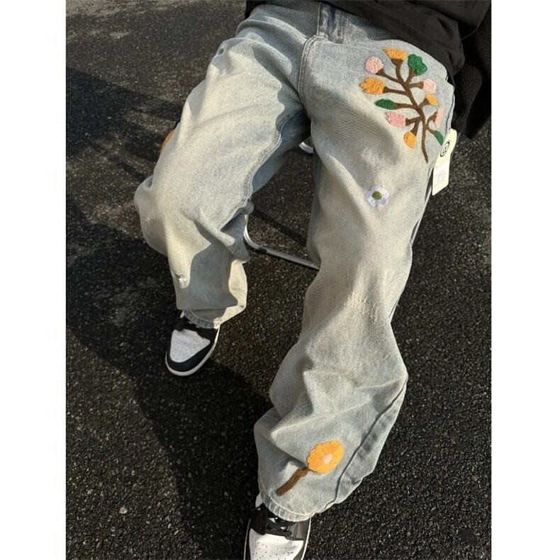美式浅蓝色重工水洗磨破钩花刺绣裤破洞直筒宽松牛仔裤男女长裤潮,男装牛仔裤,星座506A