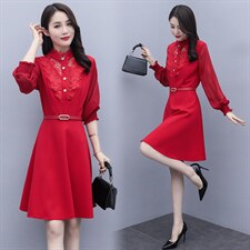 2021春季新款时尚气质立领灯笼袖拼花边连衣裙配腰带，女装连衣裙，岚衣(原川流布茜）