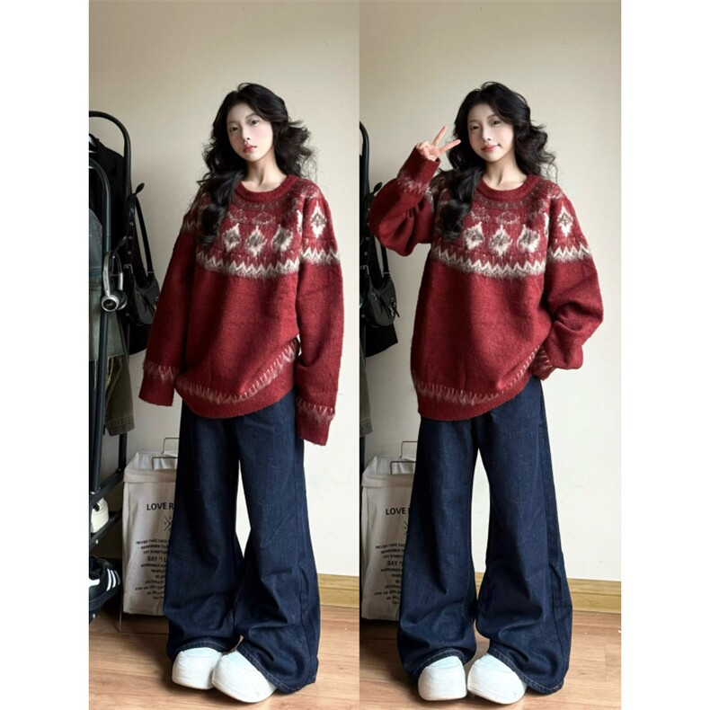 费尔岛红色毛衣男女潮牌情侣装针织衫秋冬圣诞毛线衣LA3911-P58图片