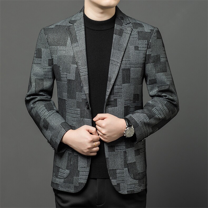 春秋款男士真皮皮衣印花西服色块商务休闲外套中年爸爸装男装,男装西服,电商B360A（原721A）