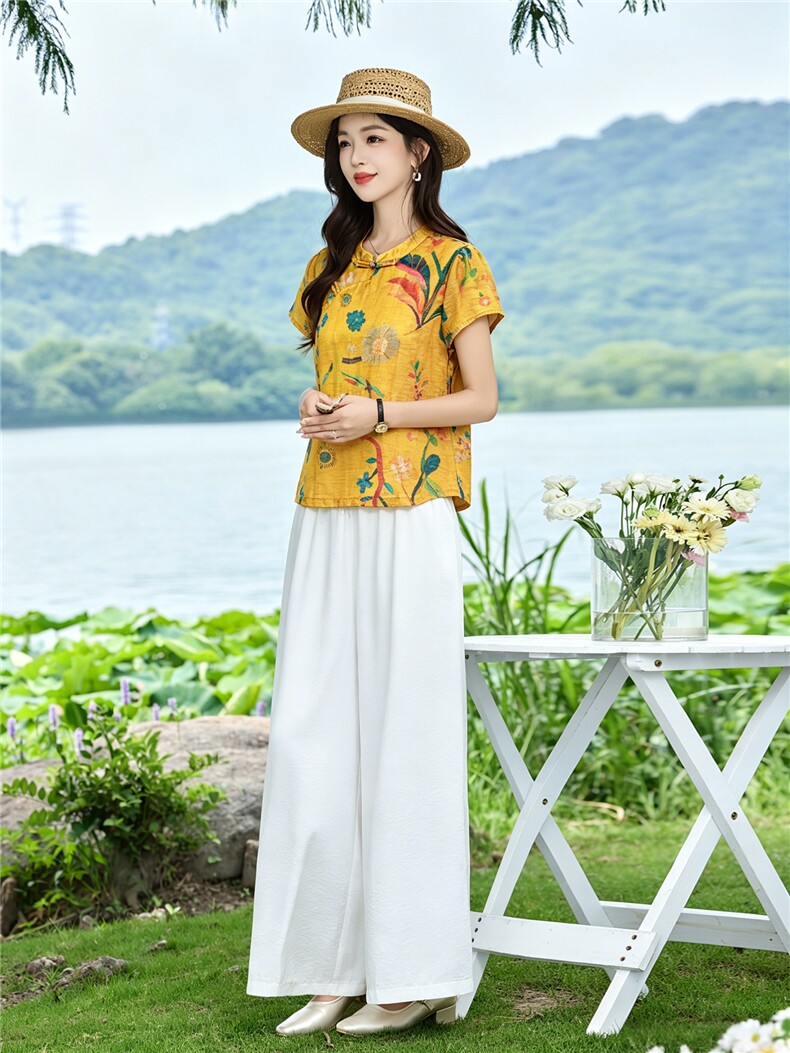 现货！夏季套装2026新款松弛感新中式盘扣上衣服女两件套端庄大气,女装套装/套裙,衣之秀