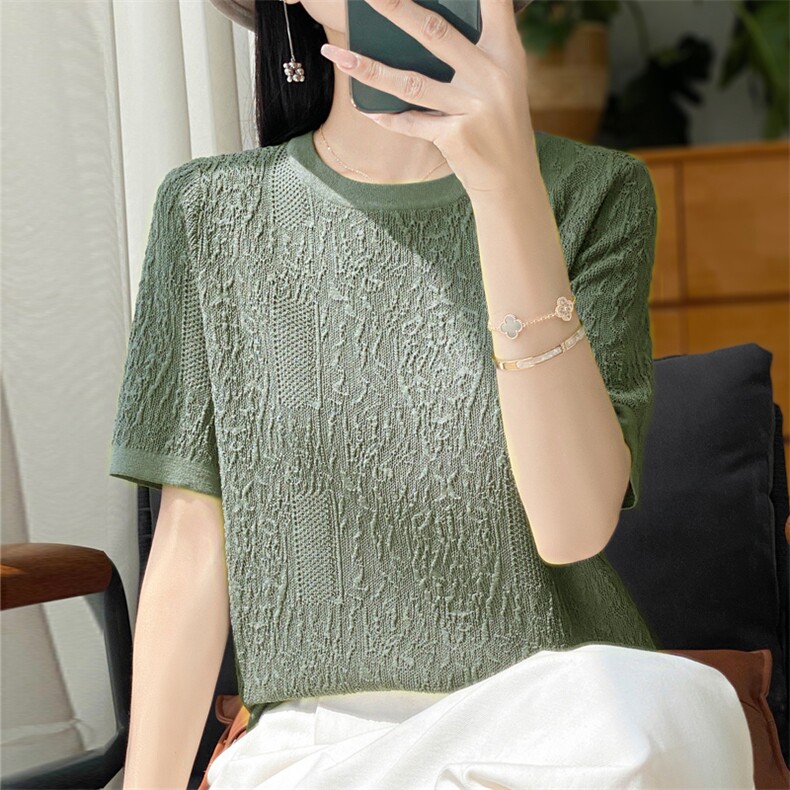 简约气质圆领冰丝针织短袖T恤女浮雕肌理感设计半袖纯色显瘦上衣,女装T恤,暖娇绒包芯纱店