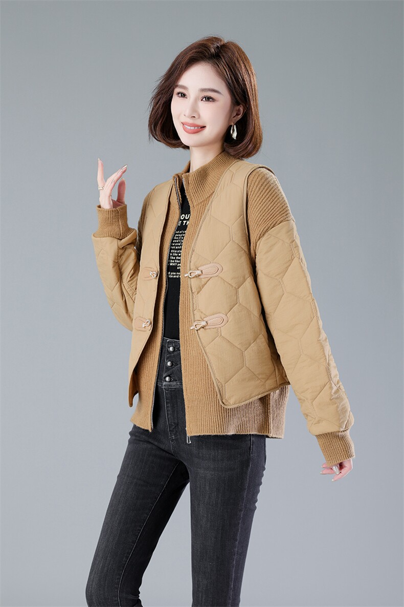 现货2024年冬季新款时尚小众设计毛线拼接马甲两件套,女装棉衣/棉服,深水步