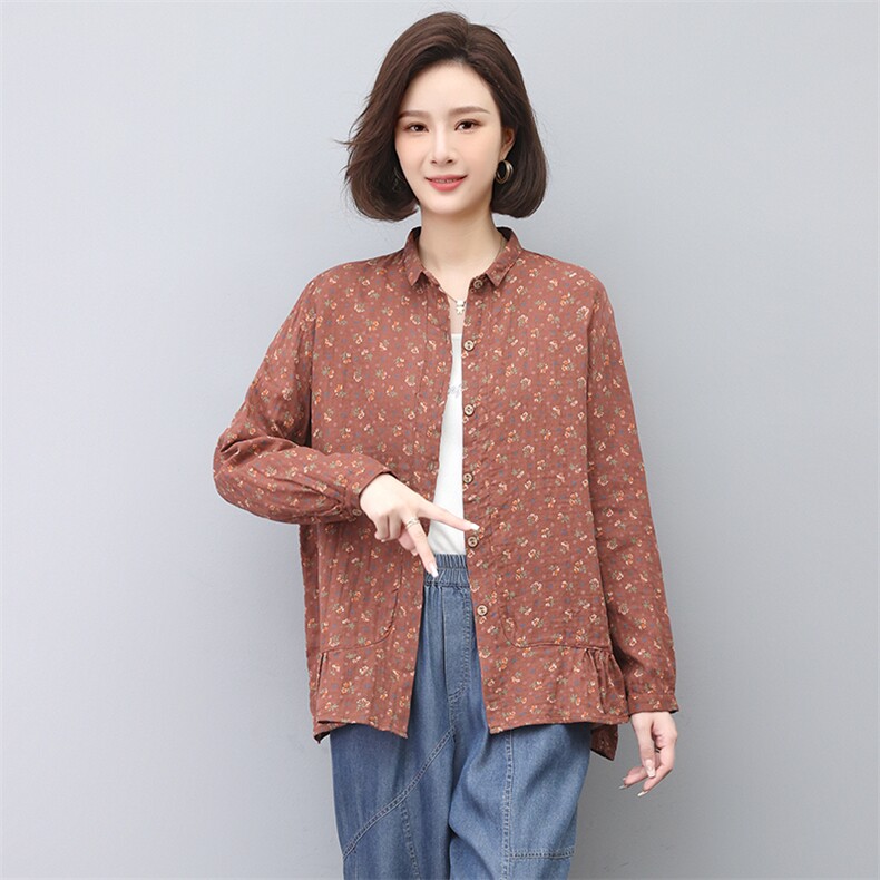 2024春秋季新款纯棉长袖衬衫女妈妈大码宽松洋气减龄碎花衬衣,女装衬衫,忆绮罗