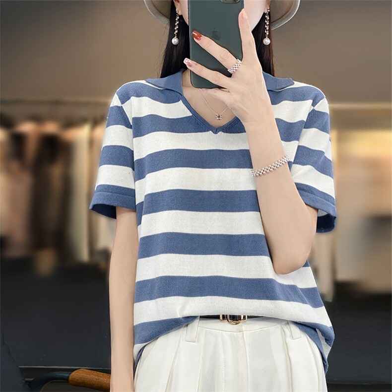 Polo领拼色针织短袖女24夏新款100%纯棉薄款宽松显瘦t恤半袖上衣,针织衫/毛衣,郡淞羊绒