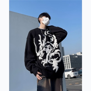 龙年本命年红毛衣男秋冬季潮牌圆领针织衫宽松鹿毛绒线衣 MY93图片
