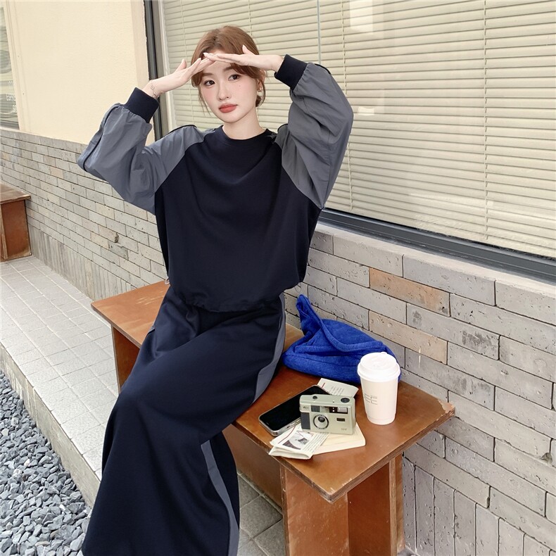 个性设计感撞色圆领卫衣套装女春秋ins潮牌休闲运动半身裙两件套,女装套装/套裙,2C166