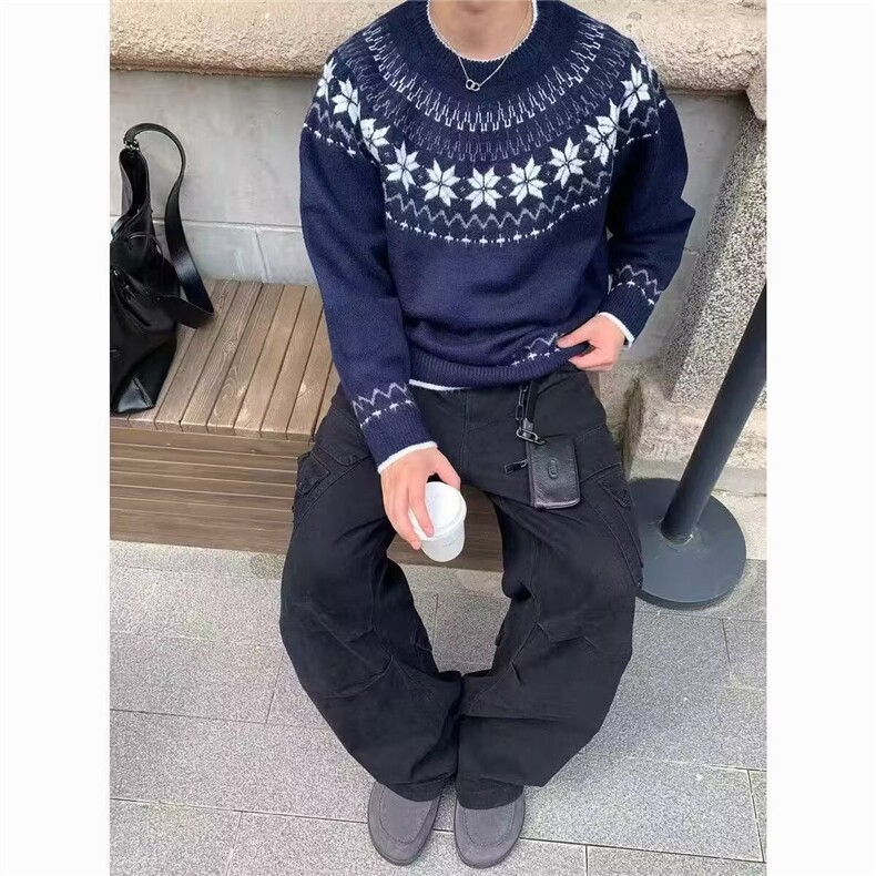 秋季新款复古费尔岛提花圆领针织衫男女情侣打底毛衣MY5827-P59,男装T恤,星座208-5