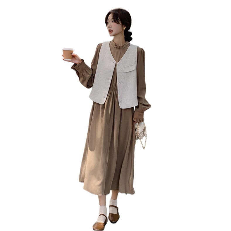 两件套连衣裙女长袖秋装复古马甲小香风2026新款高级感气质长裙子,女装套装/套裙,2C159