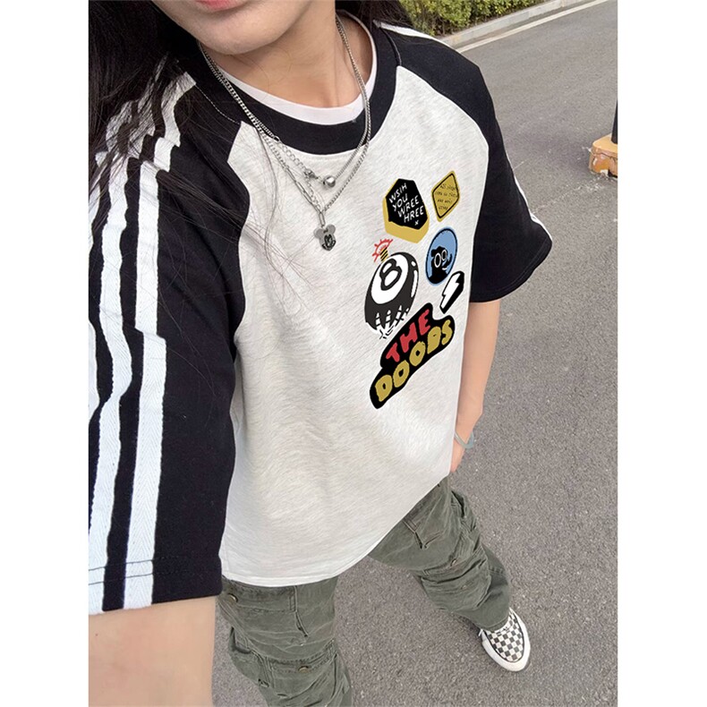 抖音得物品质二开240克宽松纯棉美式潮牌插肩三杠织带短袖T恤,男装T恤,电商A486