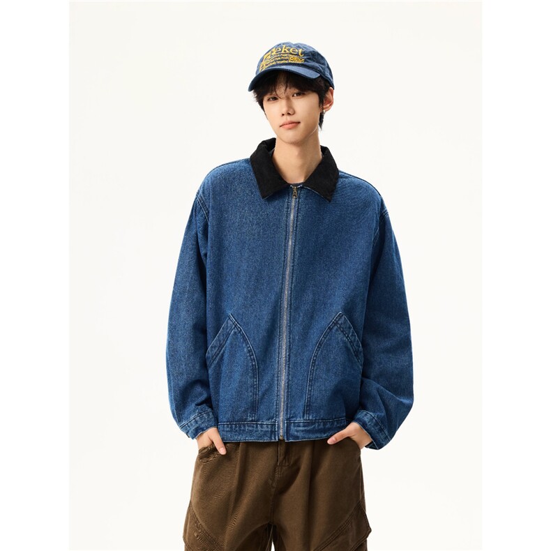 JH0697-P62美式复古春秋新款牛仔外套翻领撞色牛仔色夹克衫上衣服,男装工装外套,电商C233