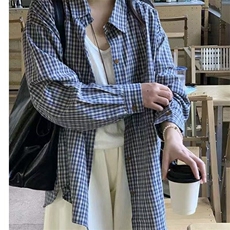 复古蓝色格子长袖衬衫韩版宽松学院风显瘦外穿格纹上衣气质CC04，男装衬衫，星座1116A（原606A-3）