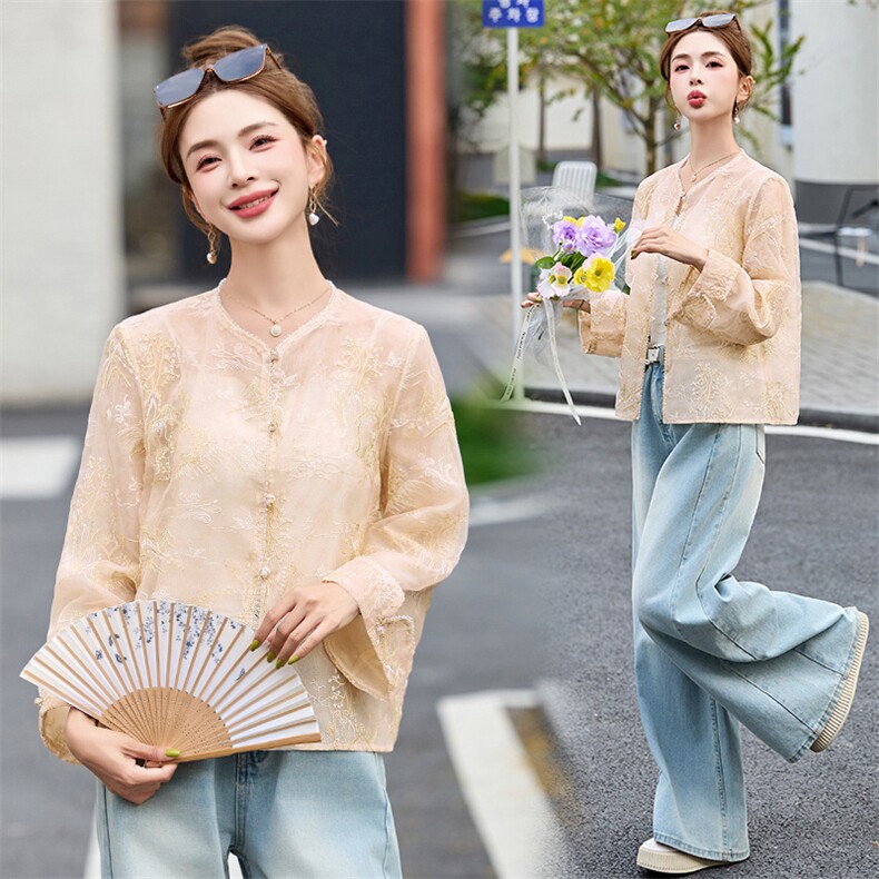 新中式重工钉珠刺绣外套女2025春夏新款休闲欧根纱薄款防晒衣开衫,女装短外套,沁沁公主