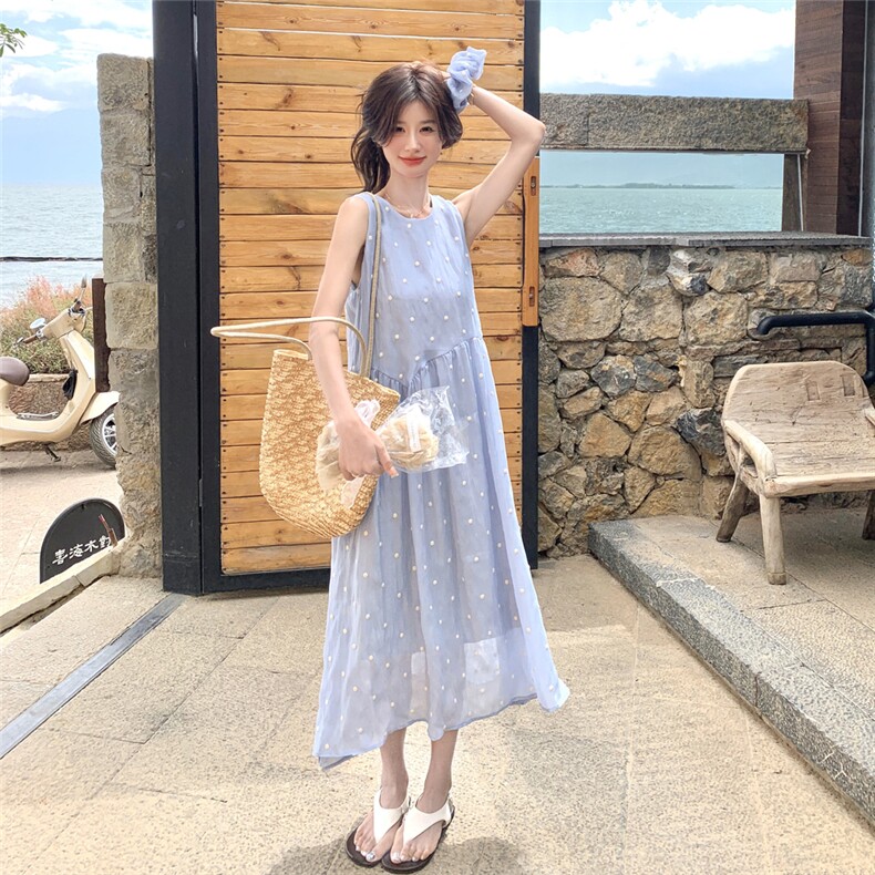 蓝色夏日漂亮连衣裙女2025新款设计感海岛度假风出片绝美漂亮裙子,女装连衣裙,2C201