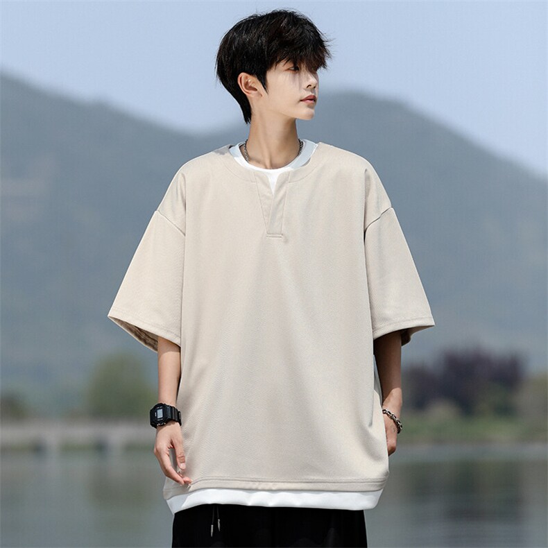 8XL-M重磅斜纹假两件短袖t恤男夏季薄款宽松大码半袖体恤DT006P45,男装T恤,电商B312