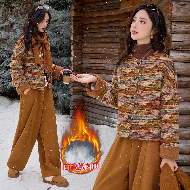 【bao款大货已出】2025冬装新款含毛粗纺条纹南瓜色羽绒服外套,女装羽绒服,雅静靓衣
