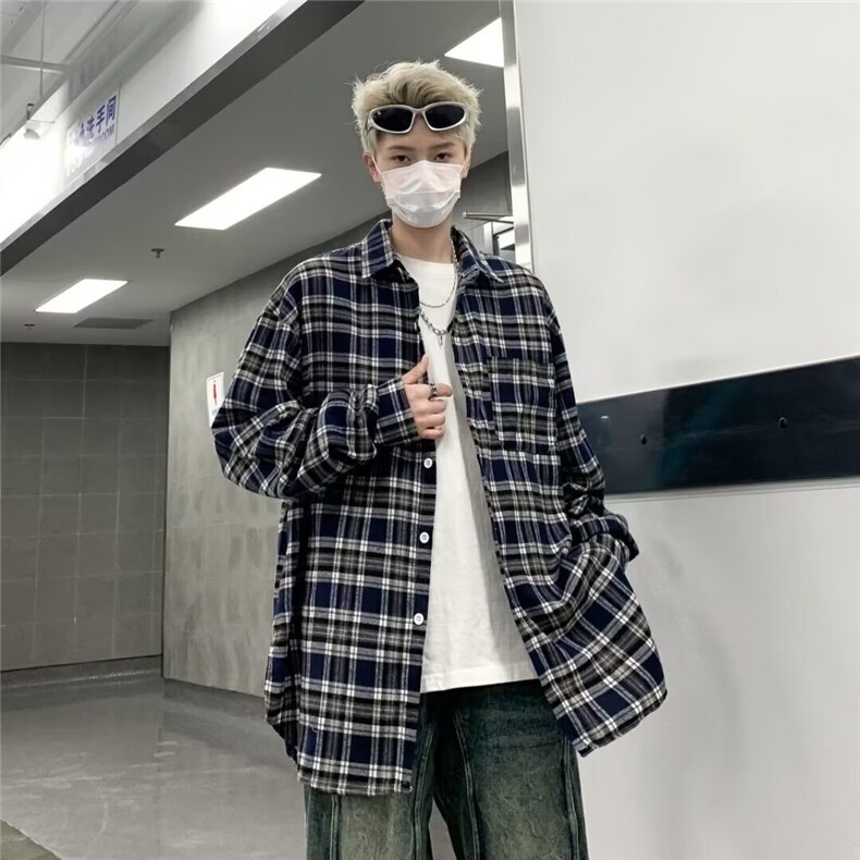 复古磨毛破洞红蓝拼色格子衬衫长袖男潮宽松美式情侣衬衣CS03/P40图片