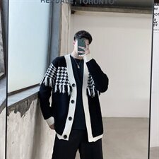 新款千鸟格针织开衫毛衣男时尚流苏百搭毛衫外套A452--MY24--P115，男装针织衫/毛衣，电商A452