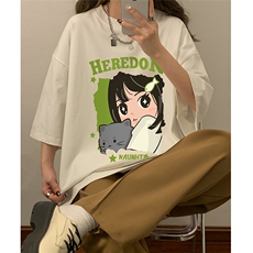 夏新款宽松美潮猫咪女孩可爱印花休闲短袖T恤T6097P25控38，男装T恤，电商A268